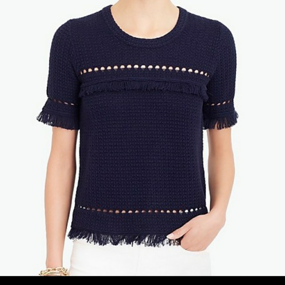 NWT Navy Short Sleeve sweater with fringe
